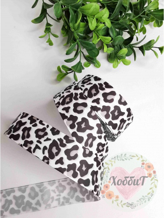 Лента репсовая с рисунком "Леопард. Пятна" 2,5см. (белый), метр